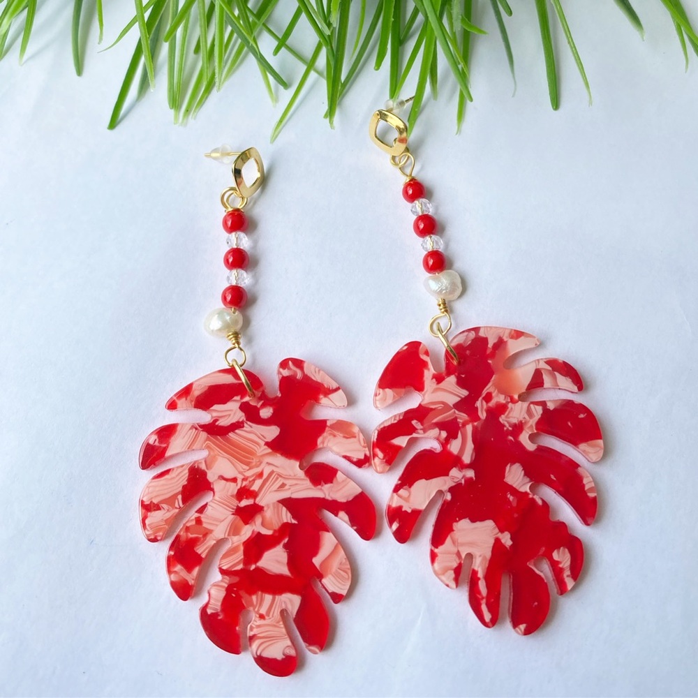 Red Marbled Monstera Leaf Drop Earrings with Bead Accents